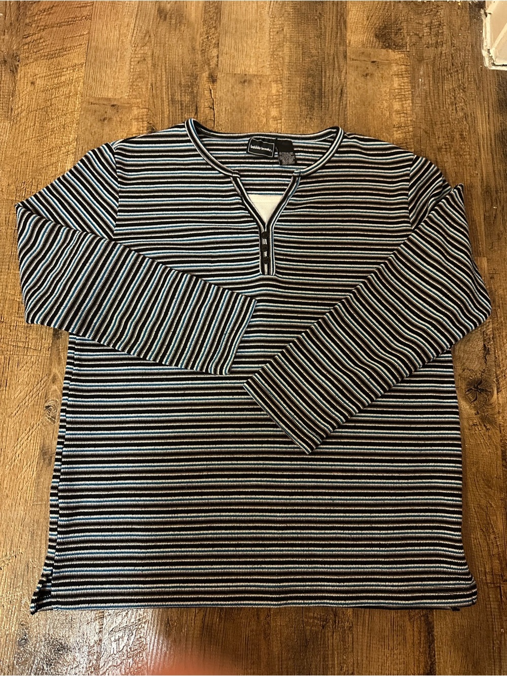 Bobbie BrooksStriped Long-Sleeve Henley Shirt - Blue/Gray/Black/White